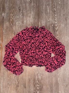 C/MEO Collective pink abstract long sleeve pleated leopard floral top -Medium